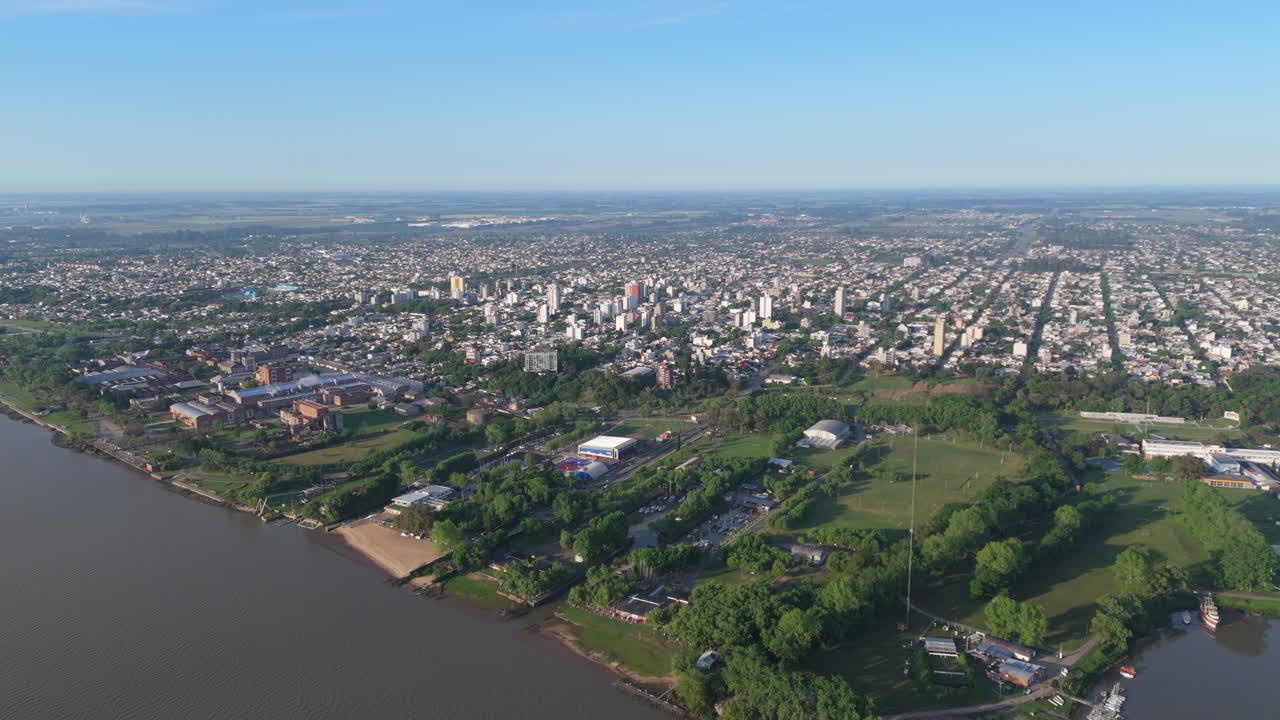 Wide aerial view of the town of Zarate on the banks of the Parana River. Buenos Aires, Argentina.