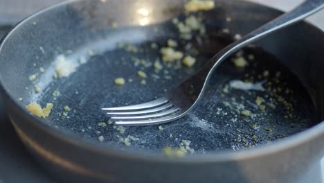 close-up of an empty plate with food crumbs and a fork