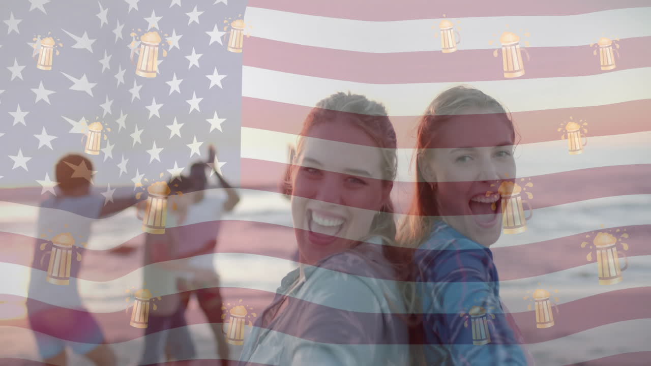 animación de la bandera de los ee.uu. y los iconos de la cerveza sobre felices amigos diversos en la playa en verano