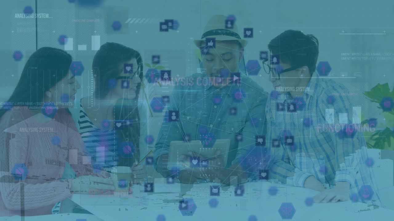 Animation of networks, statistics and data processing over diverse business people