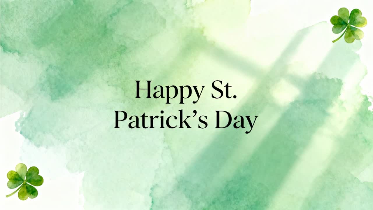 Shifting light revealing center Happy St Patrick's Day on green wash with clovers for subtle motion