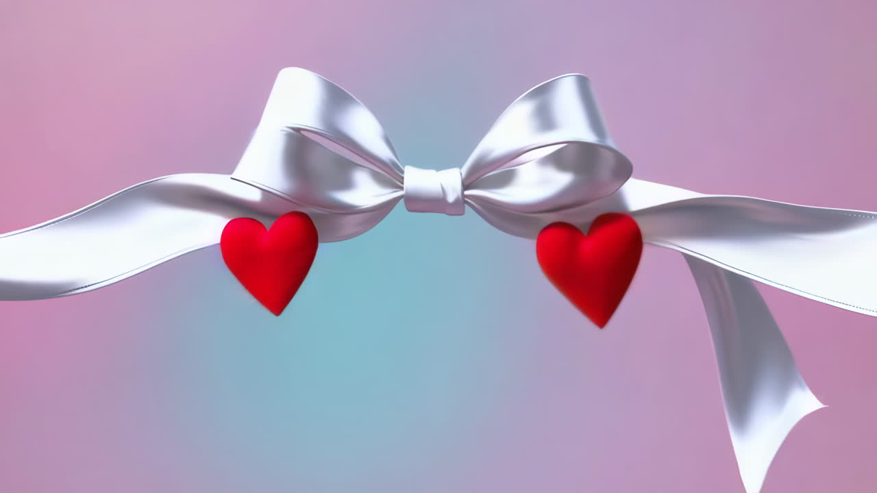 Elegant White Ribbon Bows and Red Hearts on a Pink Background