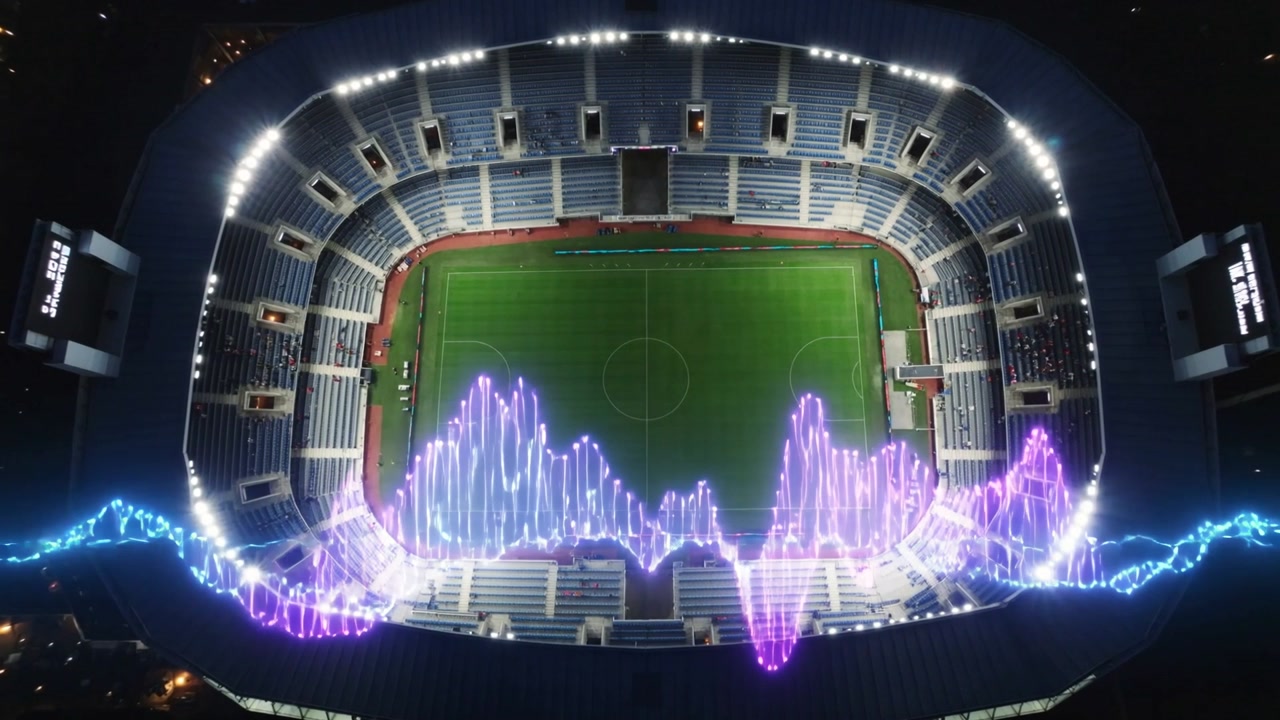 Neon line intensifying, animated equalizer rising and pulsing along lower seating curve at night