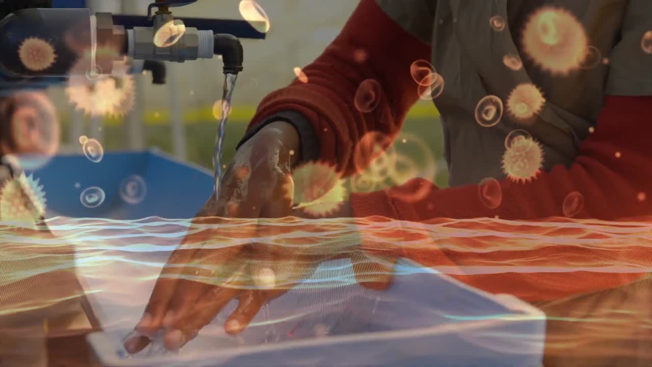 Animation of macro coronavirus Covid-19 cells spreading over African American woman washing her hand