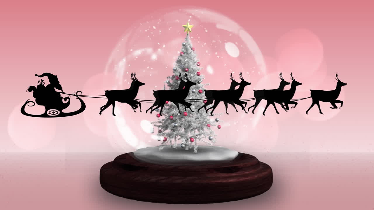 Animation of santa claus in sleigh with reindeer over snow globe on red background