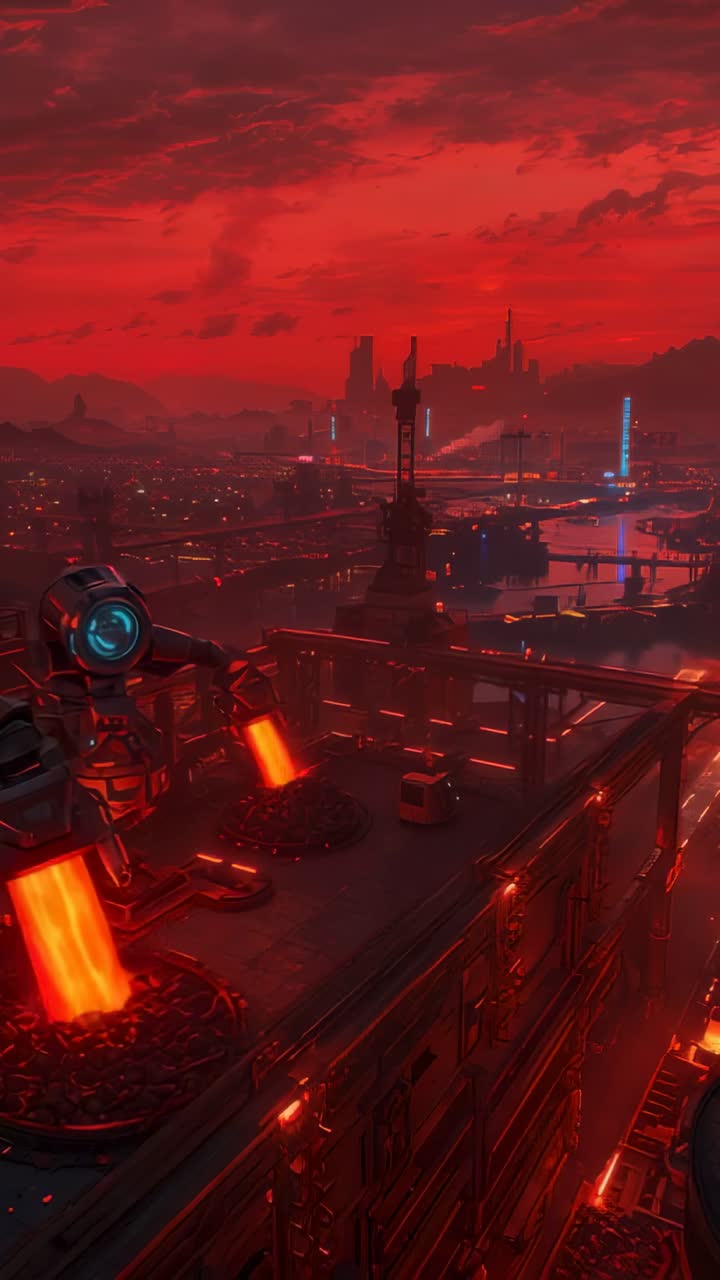 Vertical video: Panning revealing robotic unit pouring metal into pits at rooftop plant, copy space