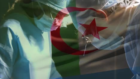 animation of flag of algeria waving over surgeons in operating theatre