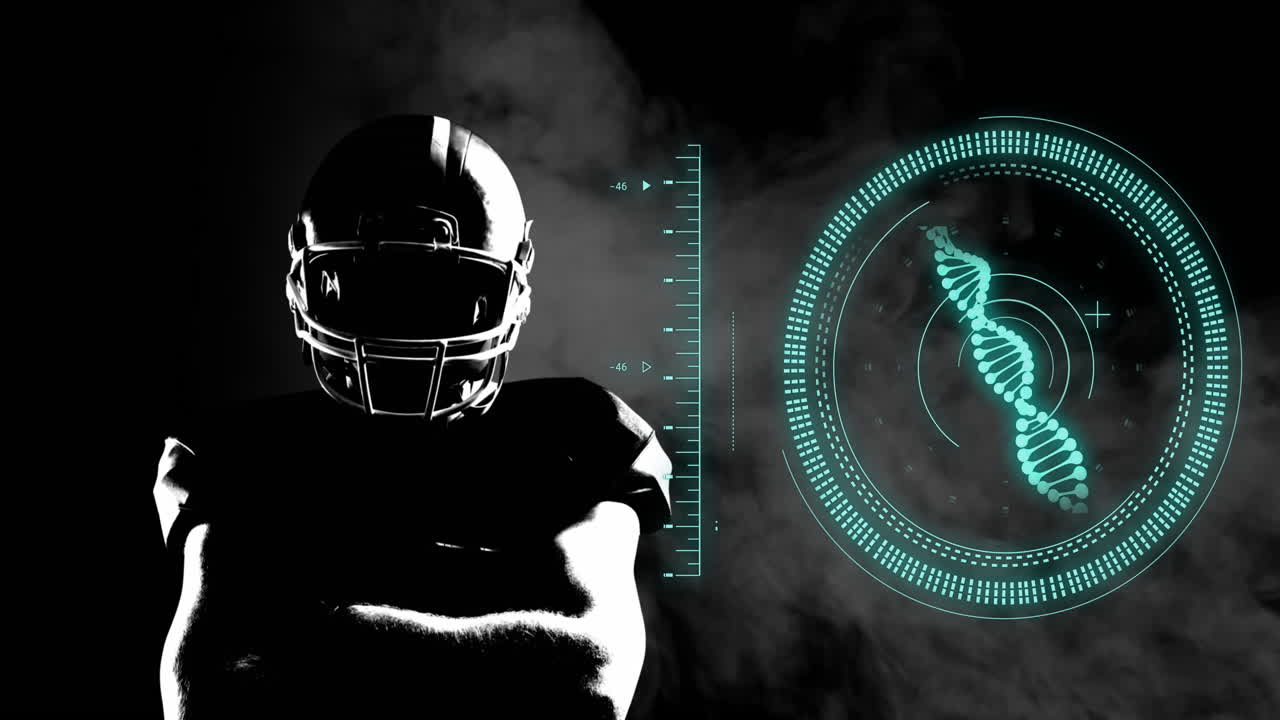 Animazione di scansione e elaborazione dati su un giocatore di football americano afroamericano