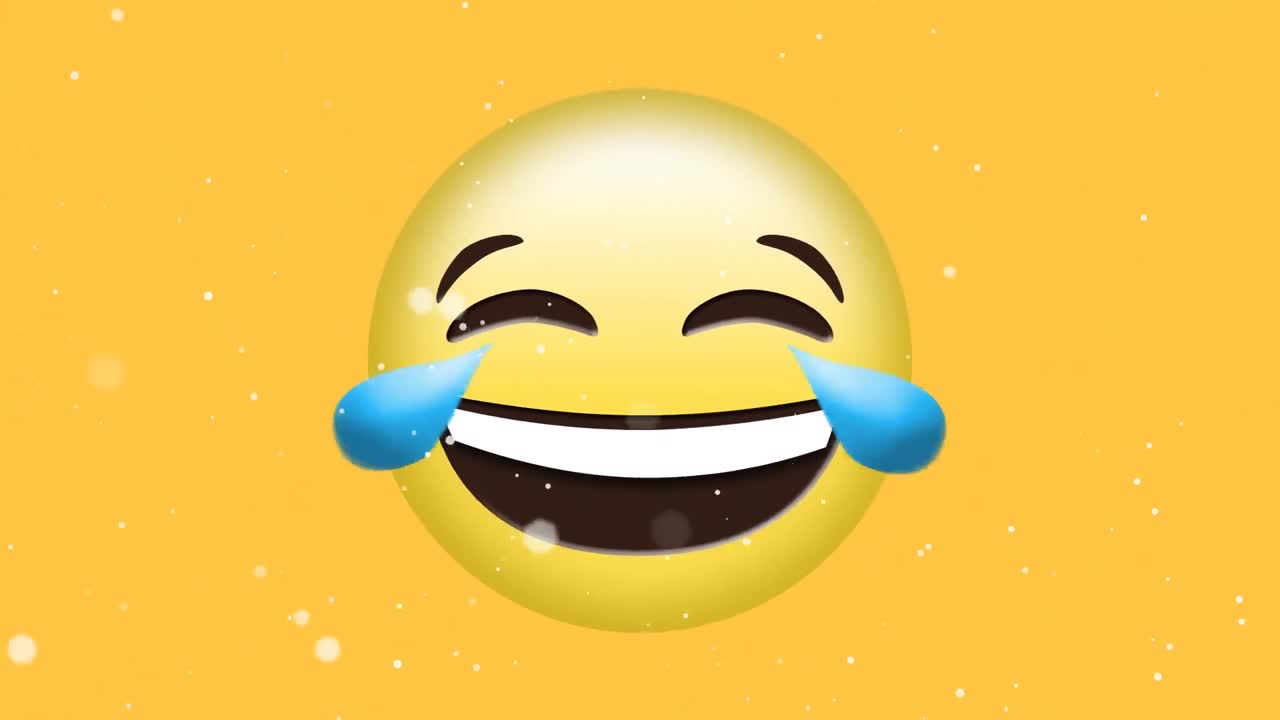 animación de manchas blancas de luz moviéndose llorando de alegría emoji sobre fondo amarillo