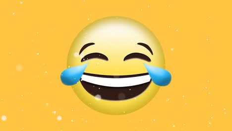 Animation-of-white-spots-of-light-moving-over-crying-with-joy-emoji-on-yellow-background