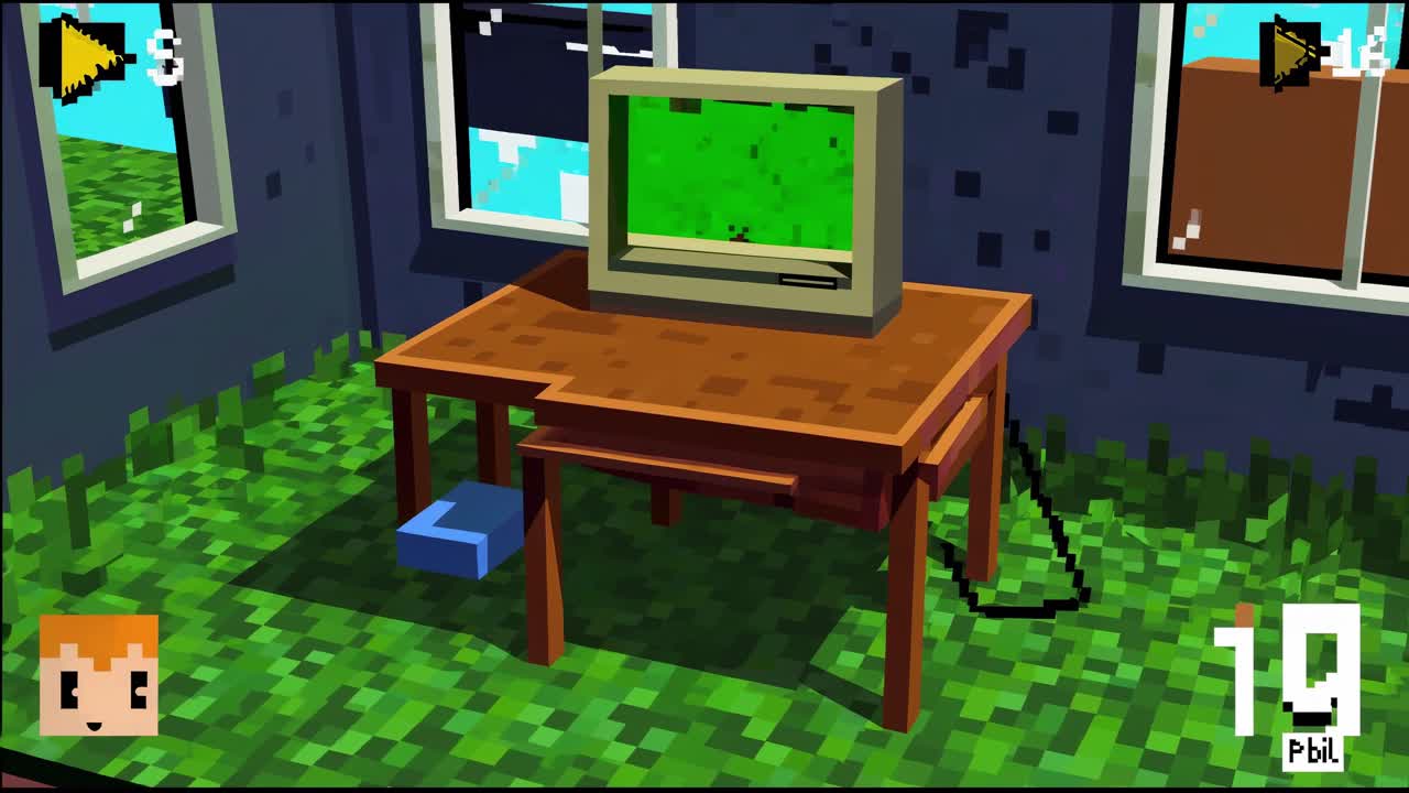 Retro pixel art computer with green monochrome display sitting on wooden surface, surrounded by grass flooring, windows revealing landscape and brick wall backdrop