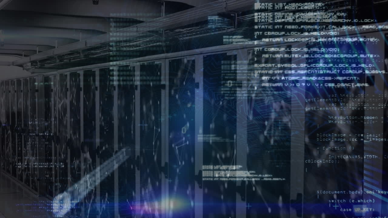 Animation of network of connections with data processing over server room