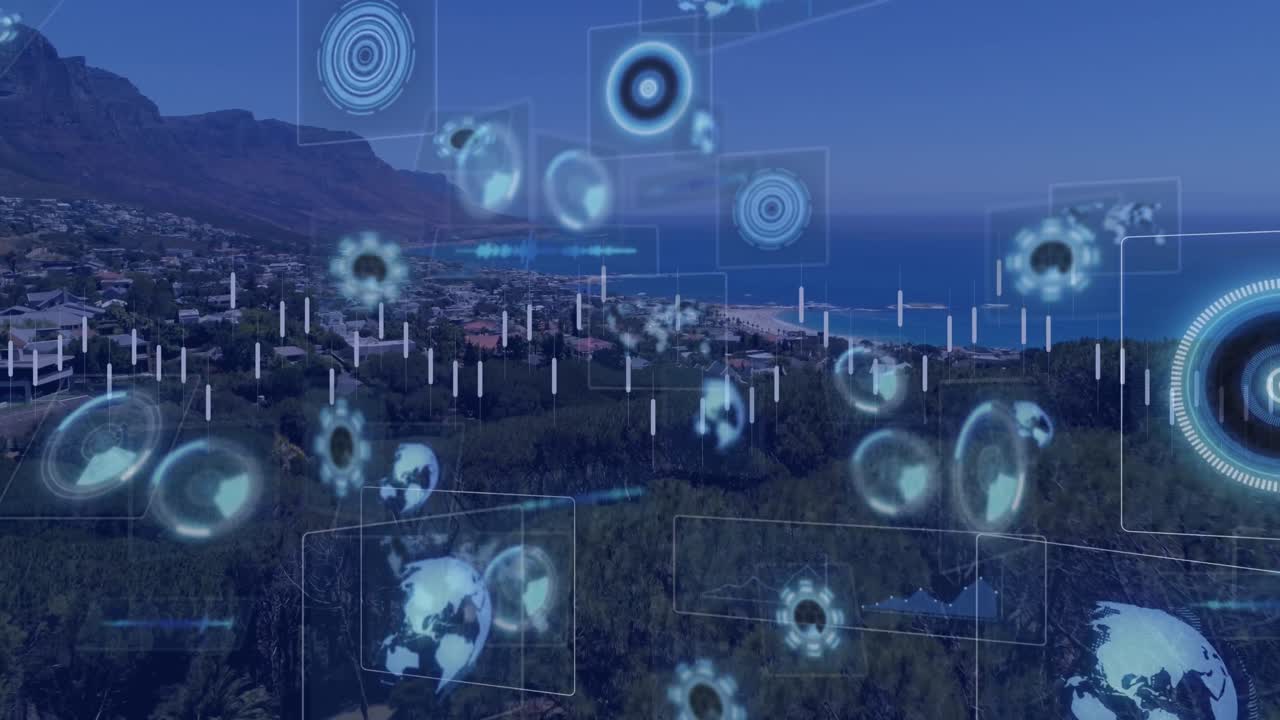 animación del procesamiento de datos con escaneo de alcance sobre el paisaje urbano