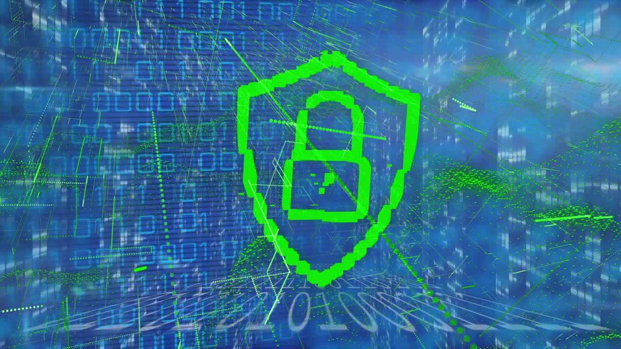 animación del procesamiento de datos y el candado sobre fondo azul