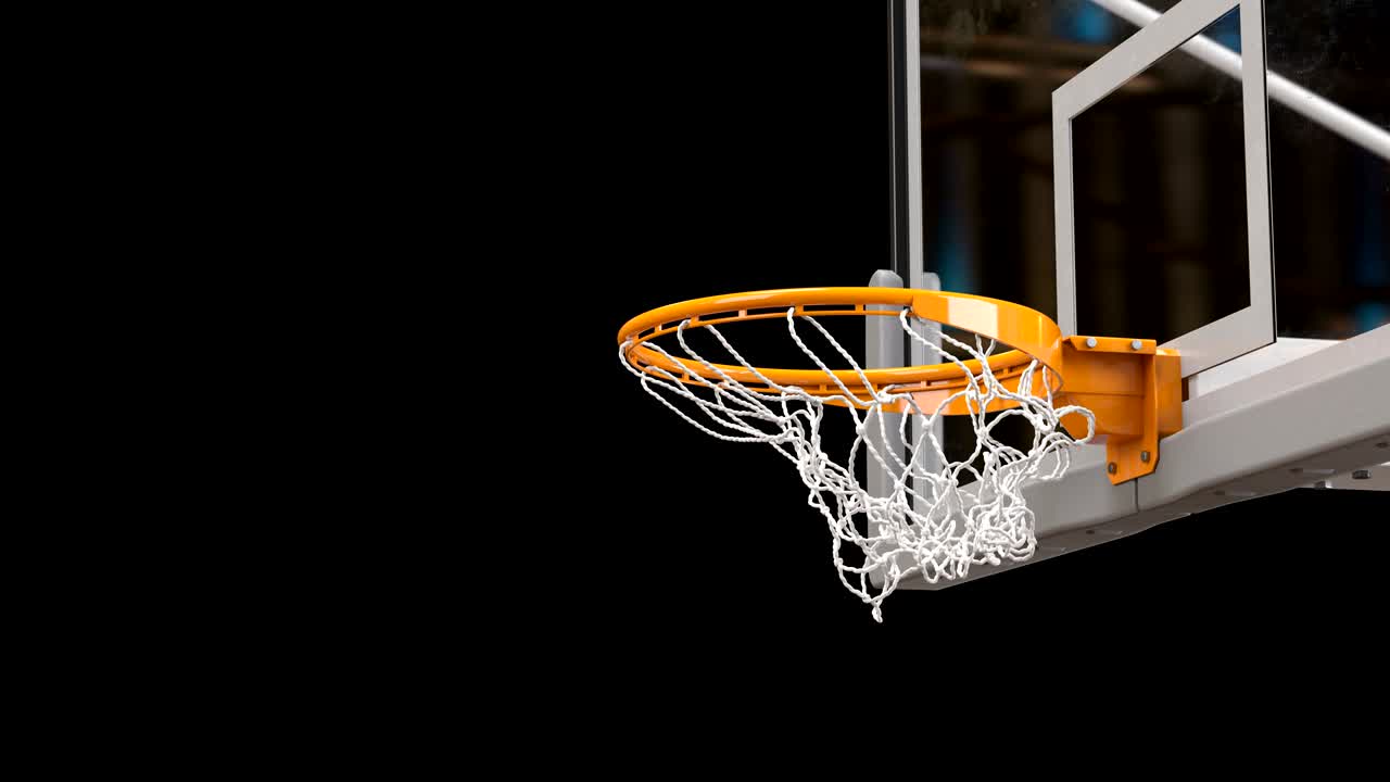 hermosa pelota de baloncesto golpea la canasta red de movimiento lento de primer plano. la pelota vuela girando en el aro de baloncestro fondo negro y pantalla verde. concepto deportivo. animación 3d alfa mate 4k uhd 3840x2160.