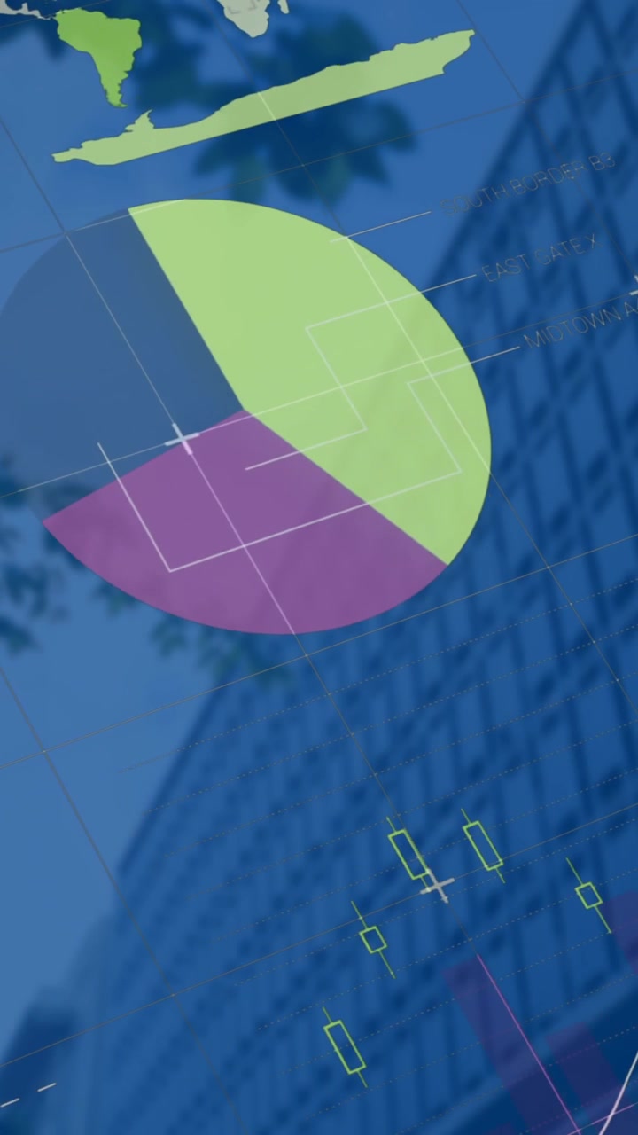 Animazione di un'interfaccia infografica multicolore su una vista dal basso di un albero e un edificio contro il cielo.