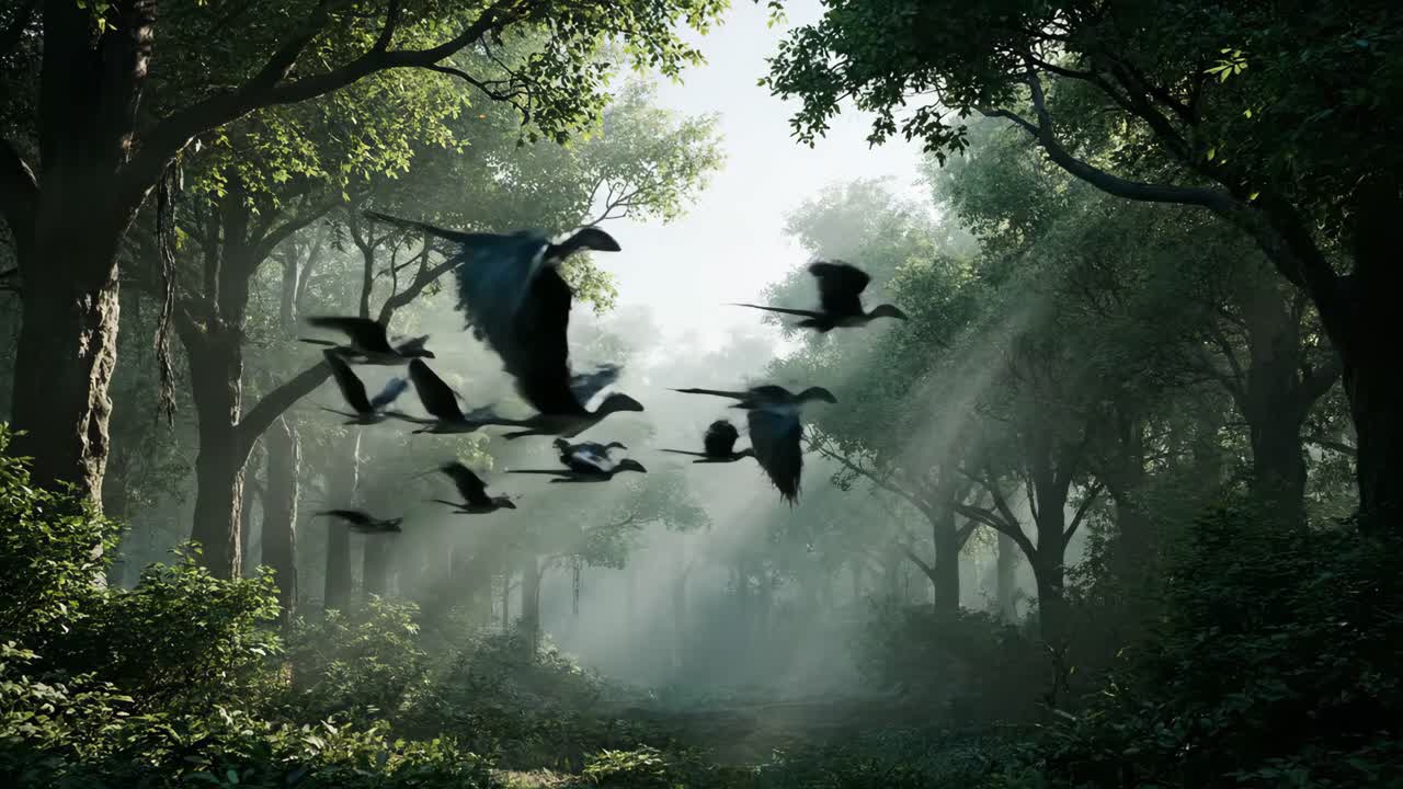 Birds Flying Through Misty Forest