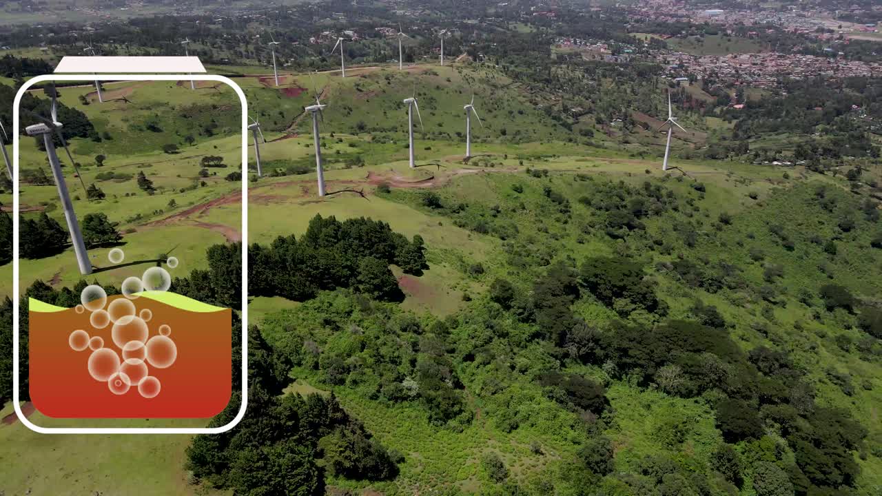 vista aérea de un potente parque de turbinas eólicas para la producción de energía