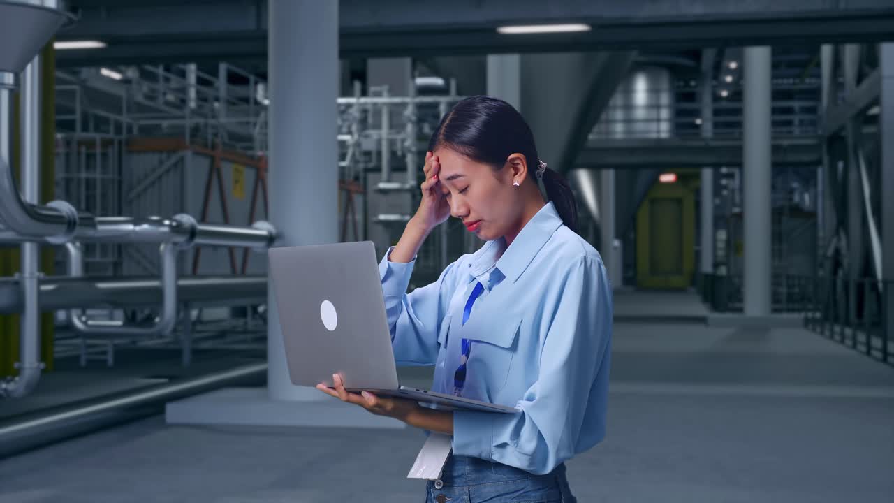 Side View Of Asian Female Professional Worker Use Laptop in Distillery Interior With Large Fermentation Tanks, She Is Nodding Her Shead With Dissapionted