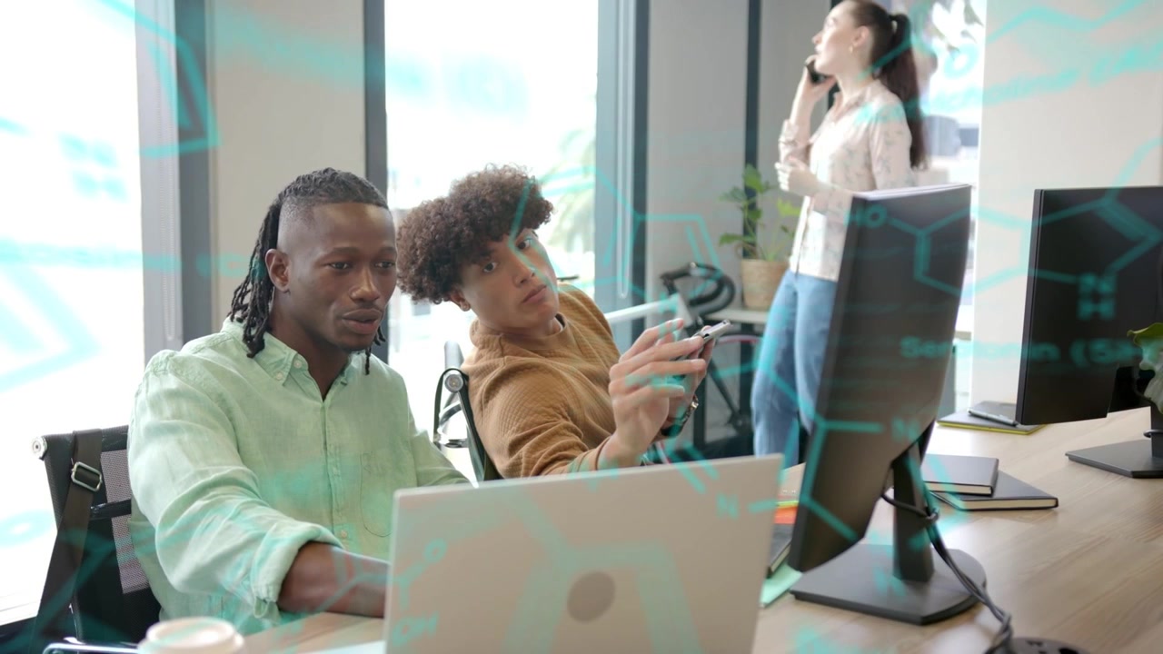 Cyan code drifting triggers two colleagues, left typing, right pointing to debug code