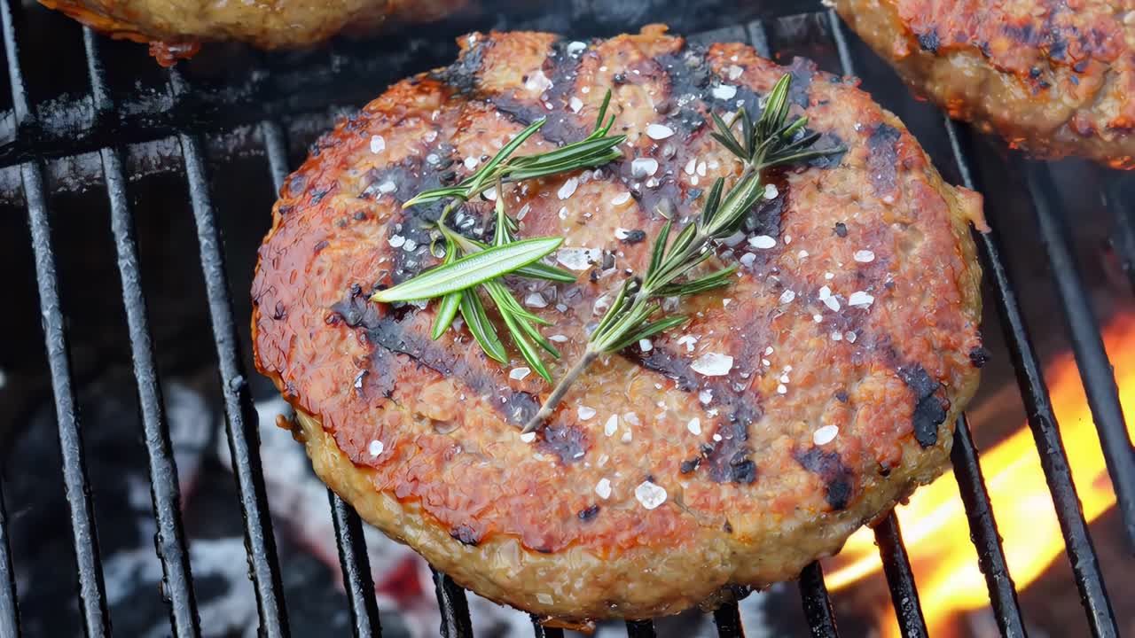 Nahaufnahme eines gegrillten Burger-Pattys mit Rosmarin und Salz im Video-Winkel, das über Flammen brutzelt