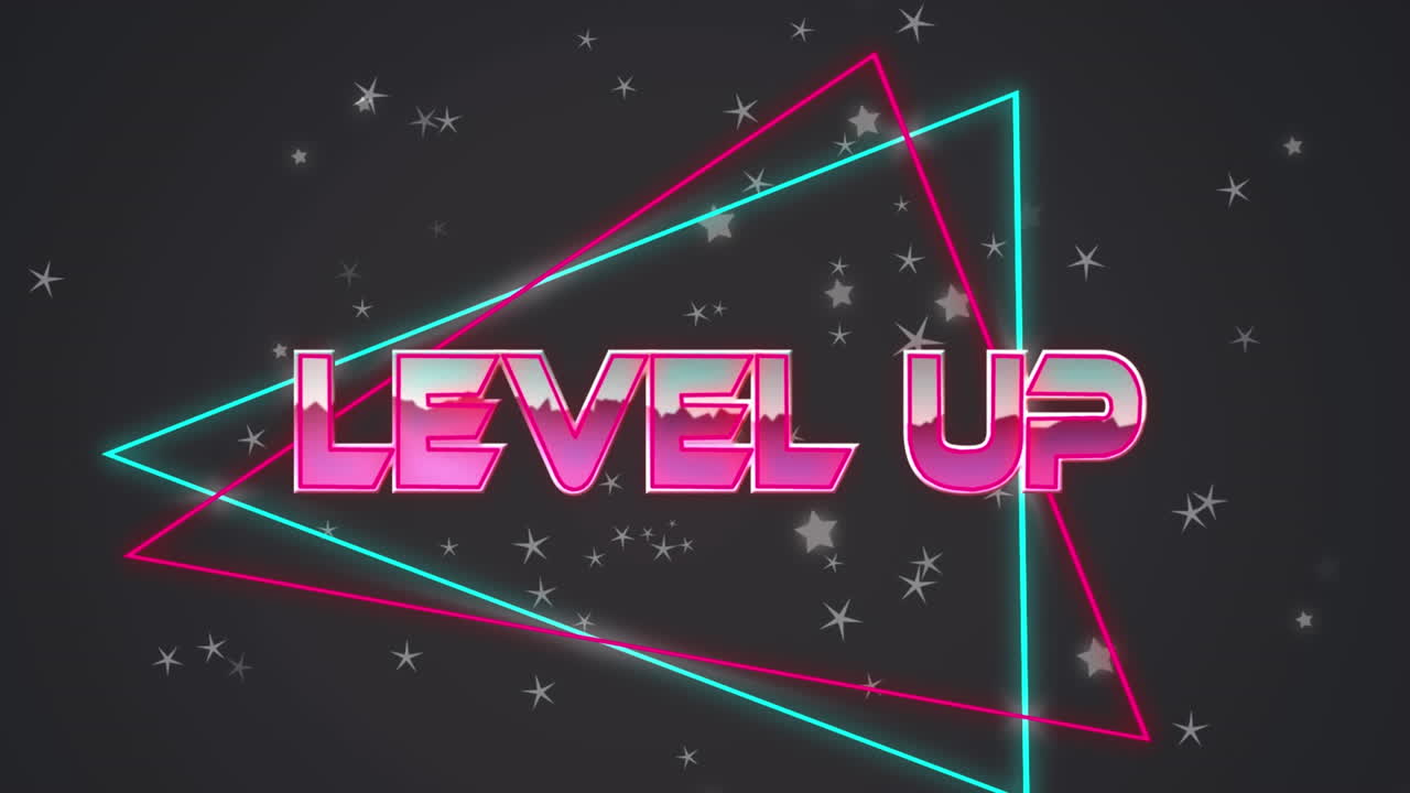 어두운 배경에 기하학적 모양 위에 레벨 업 텍스트의 애니메이션