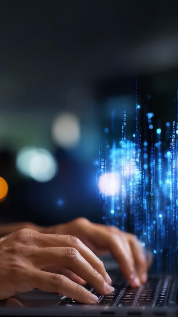 Exploring the Digital World: Hands Typing on a Laptop with Futuristic Data Visualizations Emerging from the Screen in a Dynamic Technology Environment