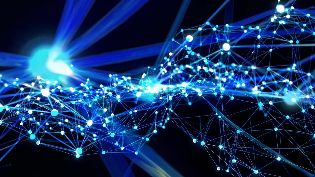 Abstract video of interconnected blue nodes and lines, resembling a digital network