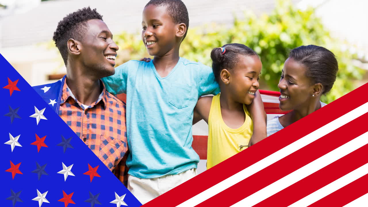 Animation of family celebrating and smiling over american flag