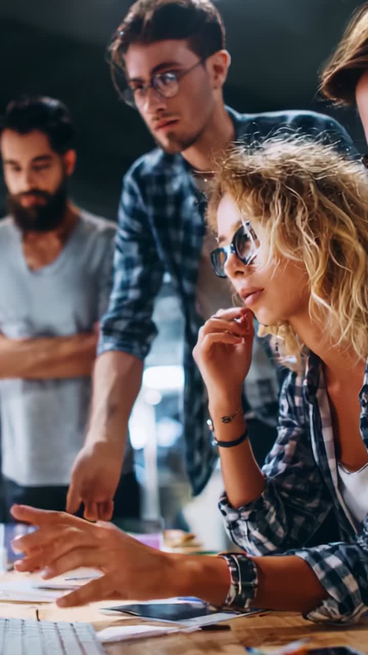Una discussione di team collaborativa: giovani adulti impegnati in un lavoro creativo in uno spazio di lavoro moderno, concentrati su idee innovative e strategie di problem-solving