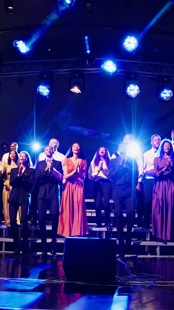 High-angle video shot of a choir performing on stage, vibrant lighting and colorful attire