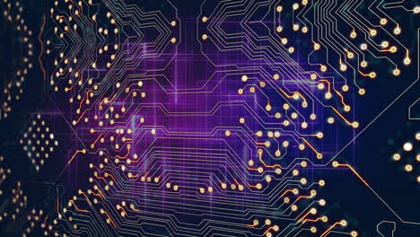 animation of integrated circuit over purple and navy background with lines