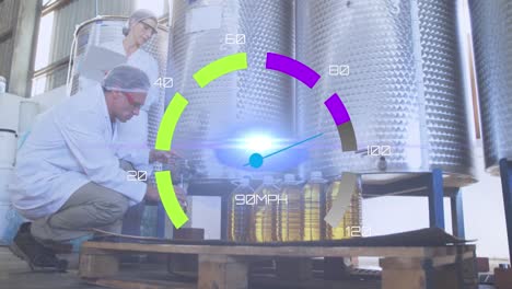 animation of speedometer over refinery workers