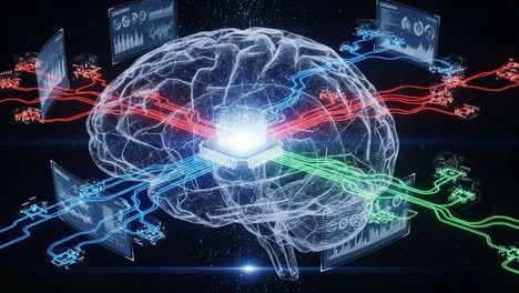 a visual representation of neural networks and data processing: an artistic depiction of a brain interacting with technology and data insights