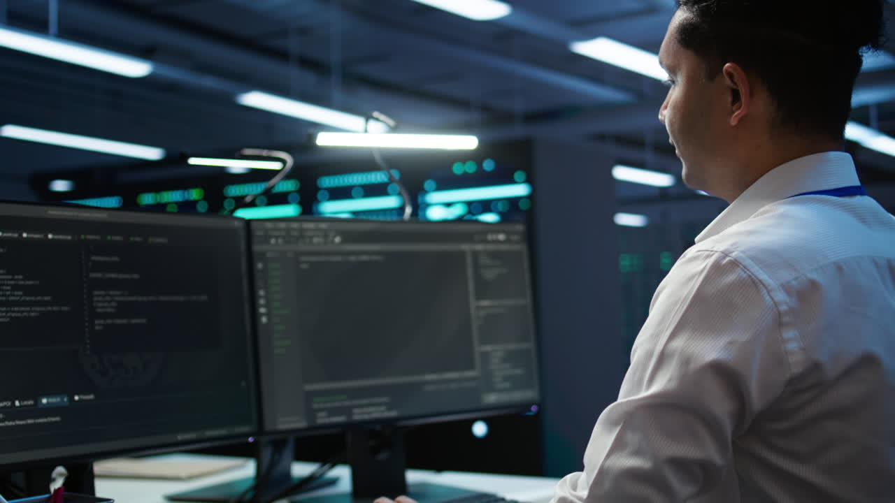 dipendente al lavoro che fa la manutenzione dell'hardware della sala server