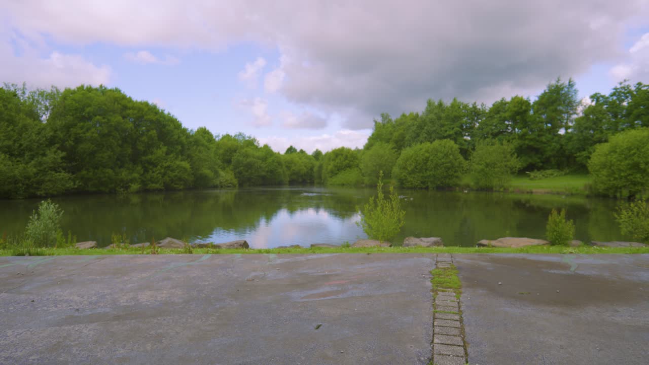 Slow Time Lapse of Ducks and Canada Goose on Lake as They Swim Around Quickly Causing Ripples as Clouds Pass Overhead.
