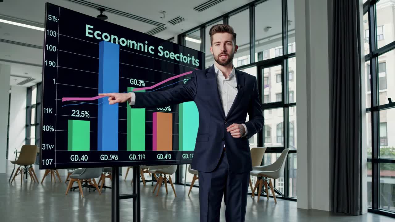 A business professional presents economic data on a large screen