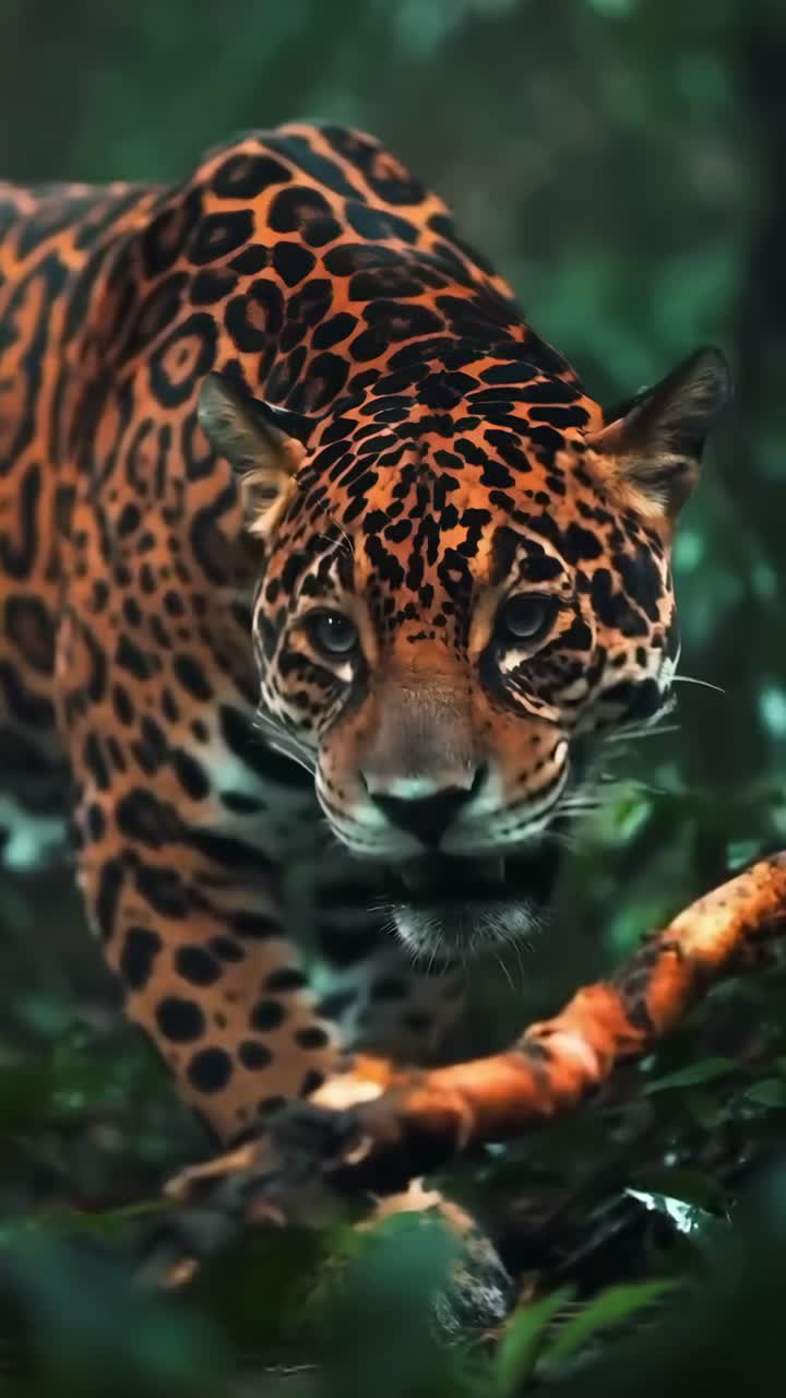 Video en primer plano de un jaguar merodeando por la selva exuberante; la toma de ángulo bajo captura la intensidad.