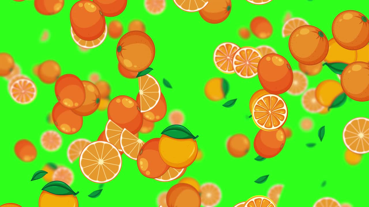 naranjas y rebanadas cayendo sobre un fondo verde