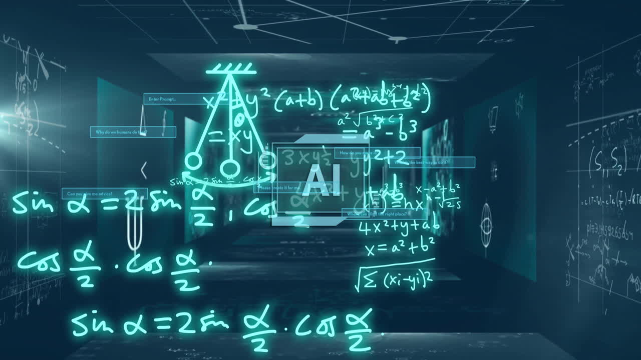 Animated mathematical equations and formulas over futuristic digital tunnel background
