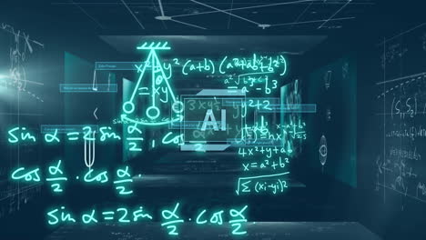 animated mathematical equations and formulas over futuristic digital tunnel background