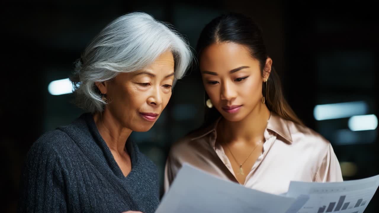 A Moment of Collaboration: Two Women Analyzing Important Documents Together Under Dim Lighting, Reflecting Their Efforts in Business and Knowledge Sharing, Capturing the Essence of Generational Communication and Support