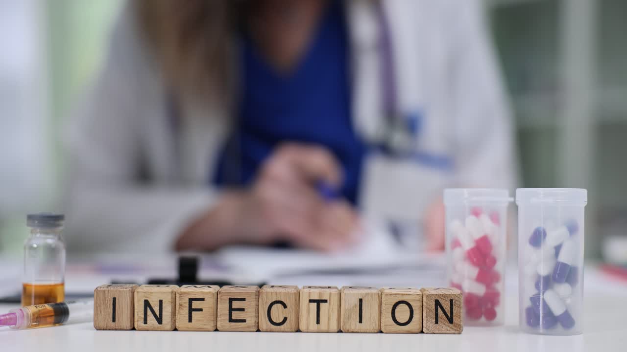 Word Infection Spelled with Wooden Blocks on Doctor's Desk