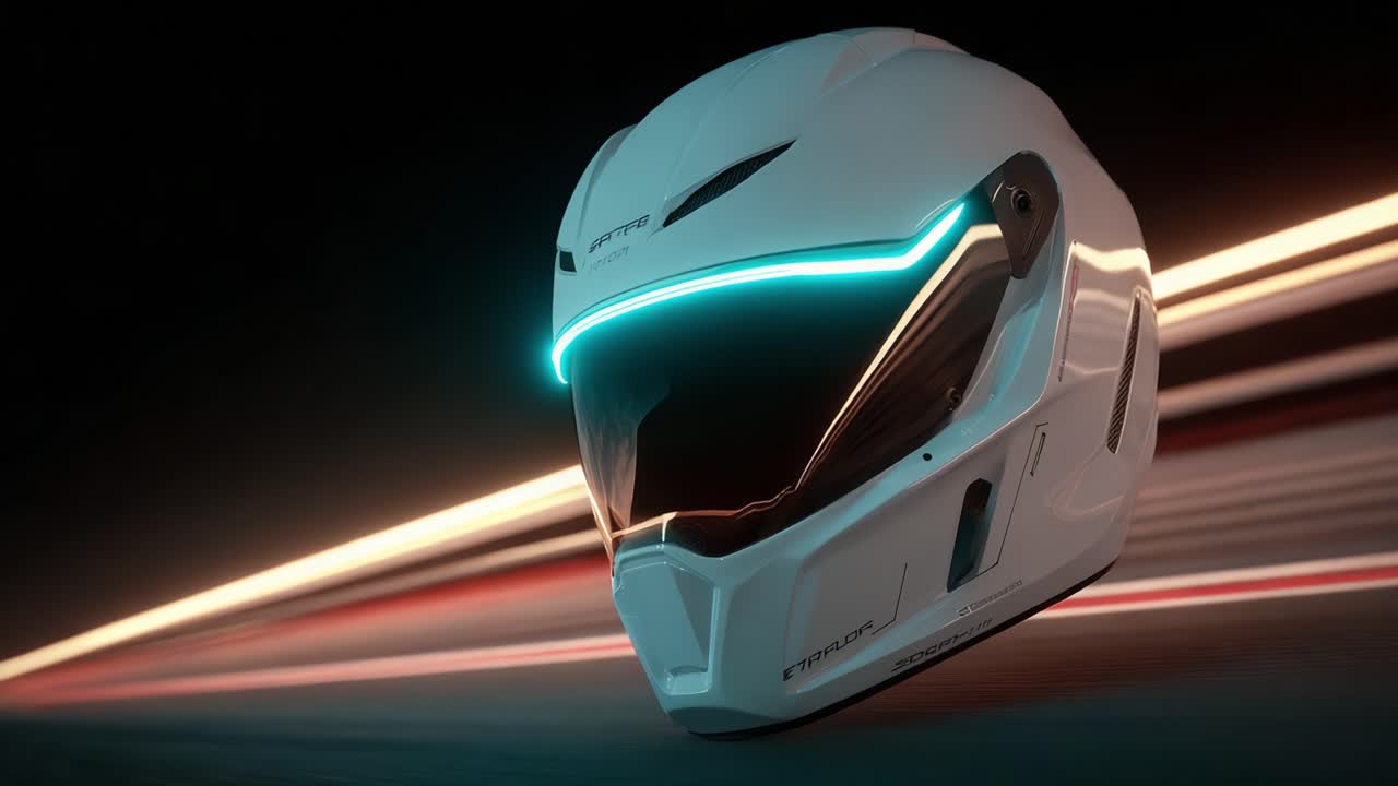 High-Tech Motorcycle Helmet Showcasing Innovative Design and Sleek Aesthetics with Dynamic Lighting Effects in an Action-Packed Environment