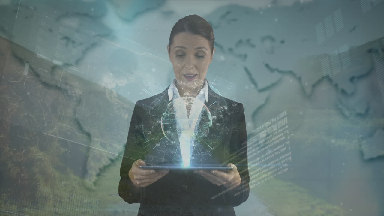 animación del procesamiento de datos financieros sobre una mujer de negocios caucásica