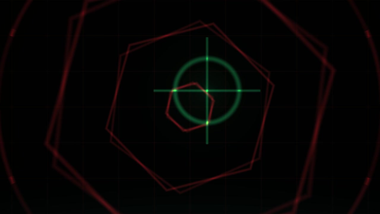 Futuristic Digital Interface with Moving Hexagons and Scanning Crosshair