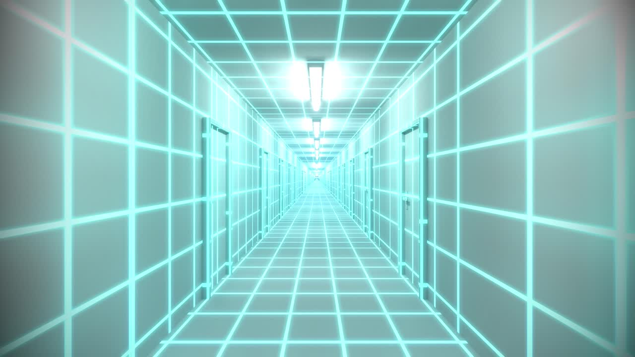 puertas de pasillo blanco sin fin neón tron 80s arcade brillo bucle wireframe matriz 4k