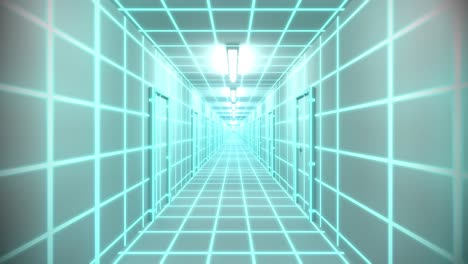 endless white corridor doors neon tron 80s arcade glow loop wireframe matrix 4k