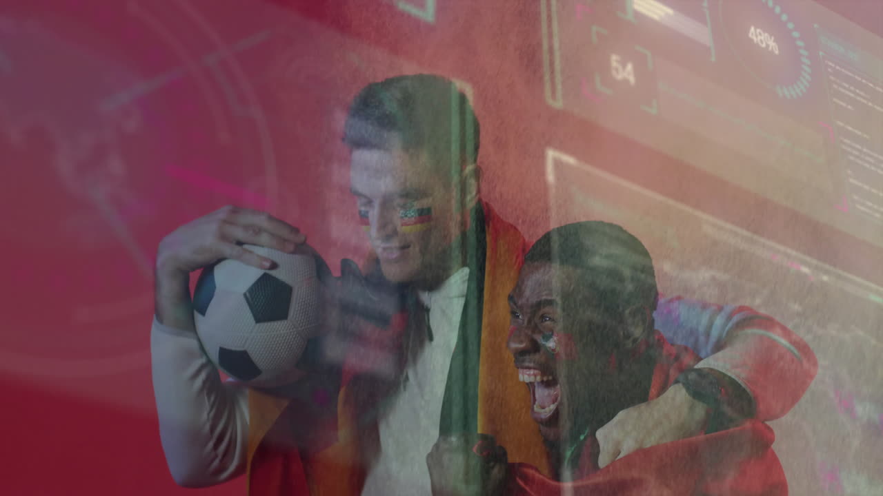 Excited fans celebrating with soccer ball over digital sports statistics animation
