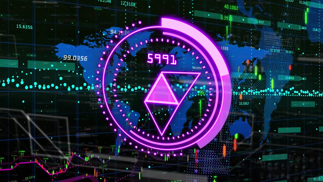 그래프와 세계 지도 위에 숫자를 가진 보라색 원의 애니메이션